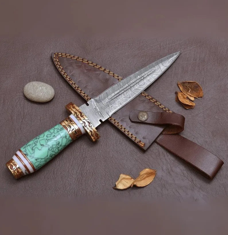 Damascus Steel Blue Resin Dagger Knife