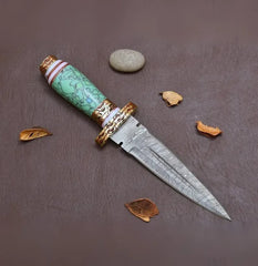 Damascus Steel Blue Resin Dagger Knife