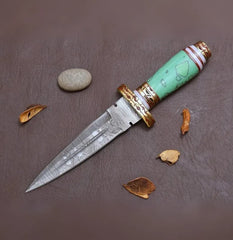 Damascus Steel Blue Resin Dagger Knife