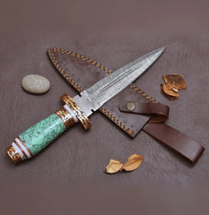 Damascus Steel Blue Resin Dagger Knife