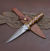 Damascus Steel Dagger Knife with Colored Rosewood