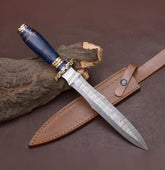 Damascus Steel Hunting Knife -Blue Resin Handle