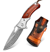 Ebony Talon VG10 Damascus Folding Knife – 6.5″ EDC Pocket Blade with Clip & Leather Sheath