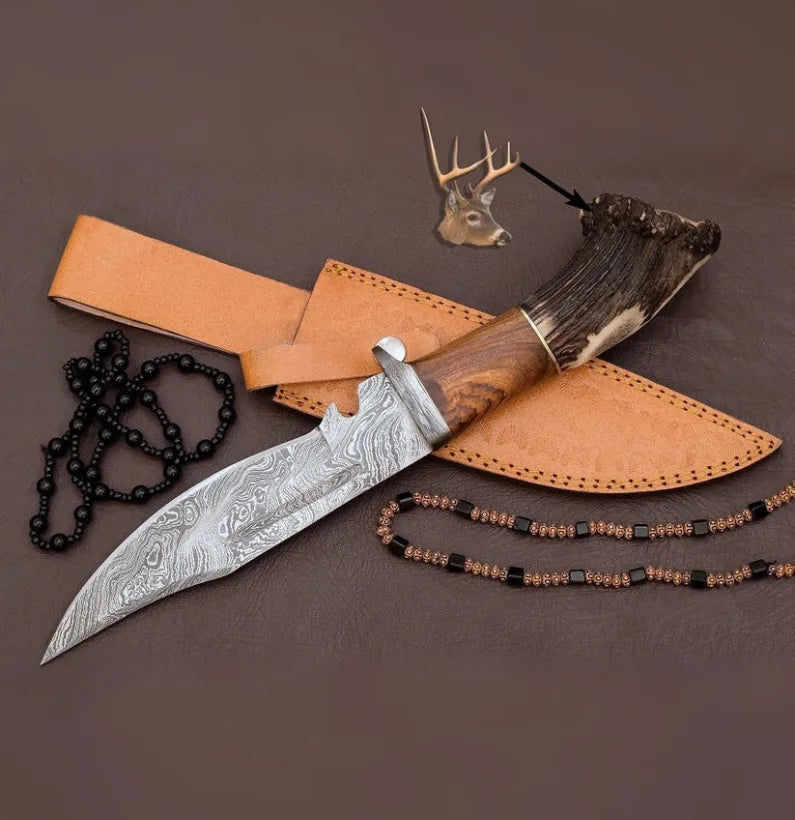Frontier Damascus Steel Bowie Knife with Stag Horn Handle