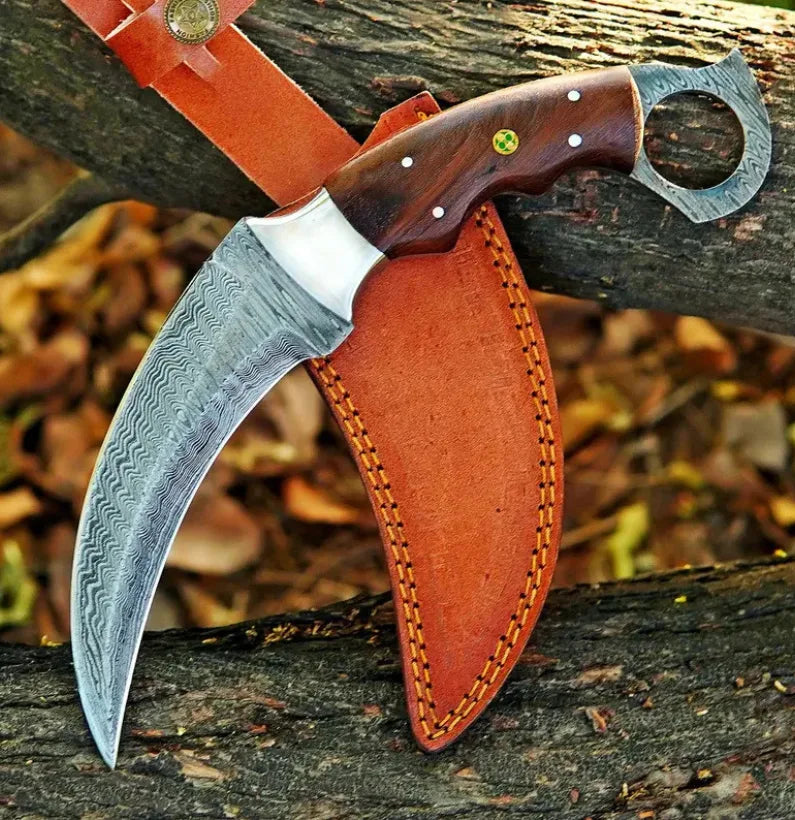 Handmade Damascus Steel Karambit Knife with Rosewood Handle