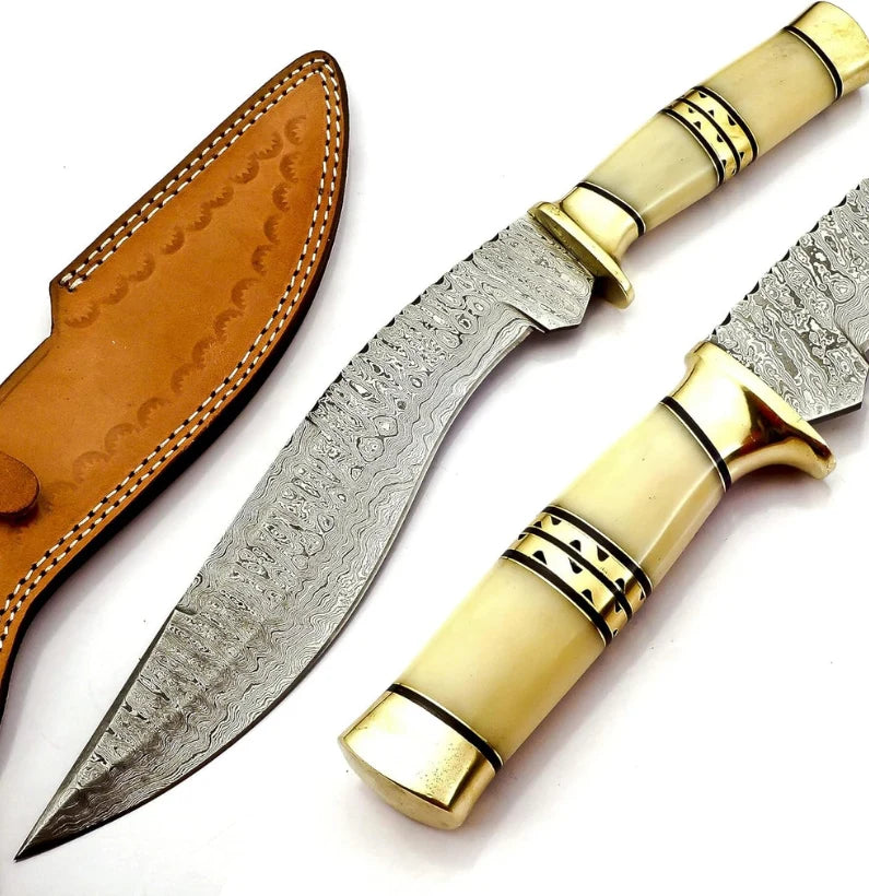 Ivory Fang – Ladder Damascus Kukri with Brass & Bone