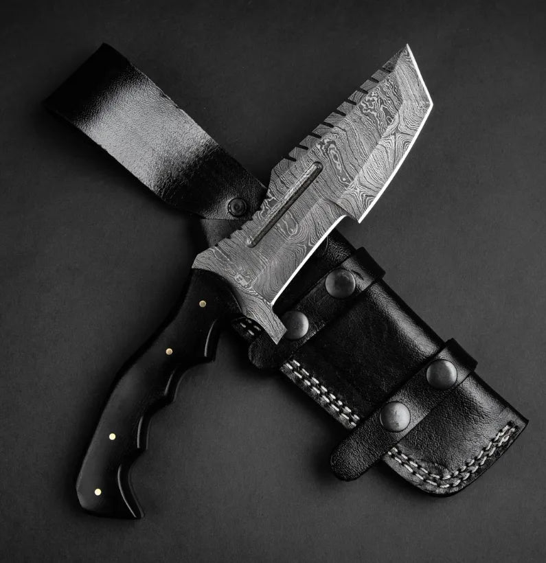 Kimura Handmade Damascus Steel Warrior Tanto Knife - Black Micarta