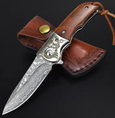 Shadowcrest VG10 Damascus Folding Knife – EDC Pocket Blade with Wooden Handle & Clip