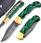 VerdantForge Damascus Folding Knife – 6.5″ Handmade with Green Wood