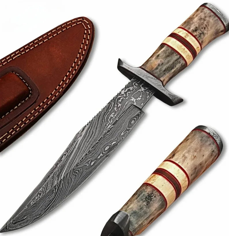 White Deer Classic Damascus Bowie Knife with Bone Handle
