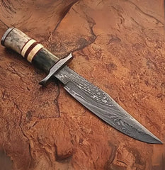 White Deer Classic Damascus Bowie Knife with Bone Handle