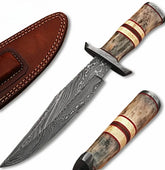 White Deer Classic Damascus Bowie Knife with Bone Handle