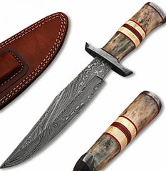 White Deer Classic Damascus Bowie Knife with Bone Handle