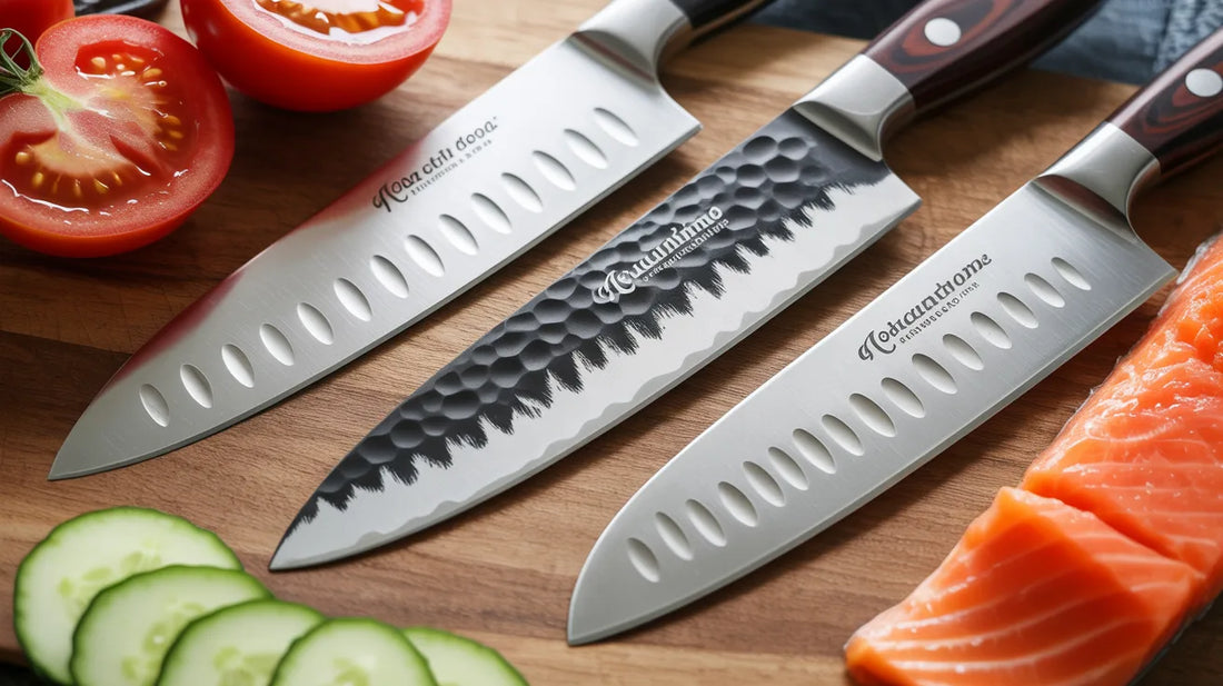 Granton, hammered, and polished kitchen knives side by side on a cutting board with sliced tomatoes, cucumbers, and salmon to show food release performance.