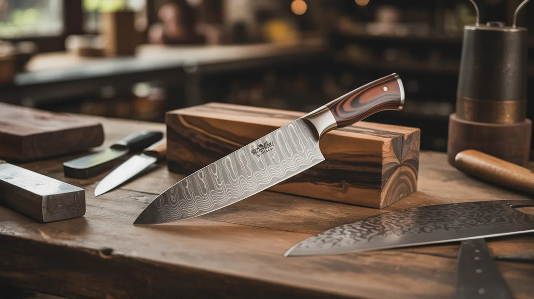 Handmade Damascus chef’s knife with wooden handle on a rustic table surrounded by steel billets, exotic woods, and artisan tools showing craftsmanship.