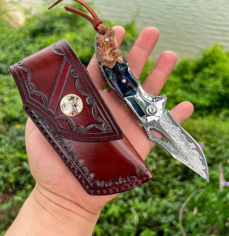 Aurora Edge VG10 Damascus Folding Knife – Resin Maple EDC Blade