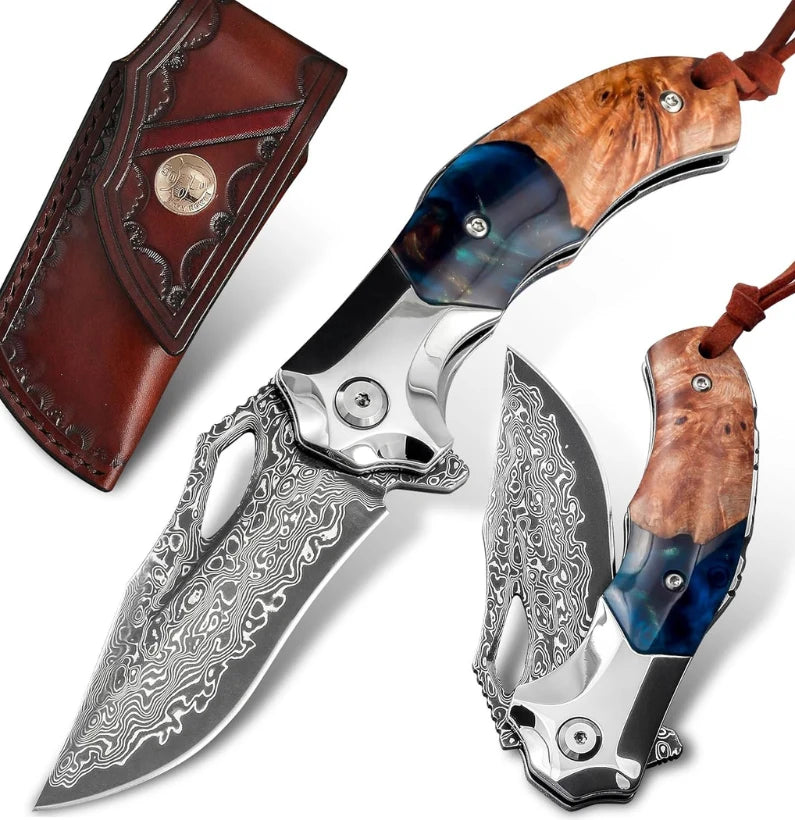 Aurora Edge VG10 Damascus Folding Knife – Resin Maple EDC Blade