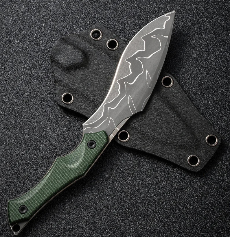 Damascus Green Micarta Mini Kukri Fixed Blade Knife