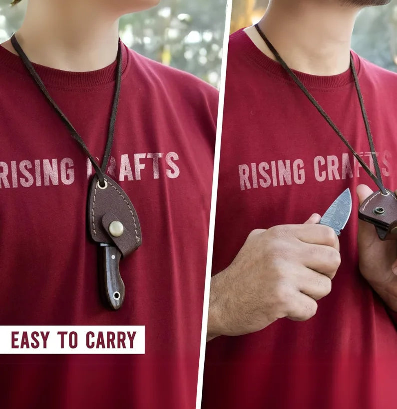 Damascus Steel EDC Neck Knife – 4.5″ Full Tang Survival Blade