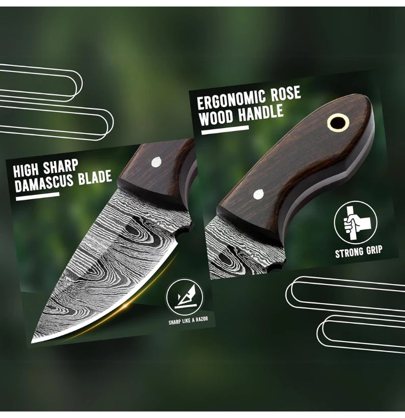 Damascus Steel EDC Neck Knife – 4.5″ Full Tang Survival Blade
