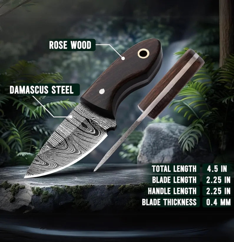 Damascus Steel EDC Neck Knife – 4.5″ Full Tang Survival Blade