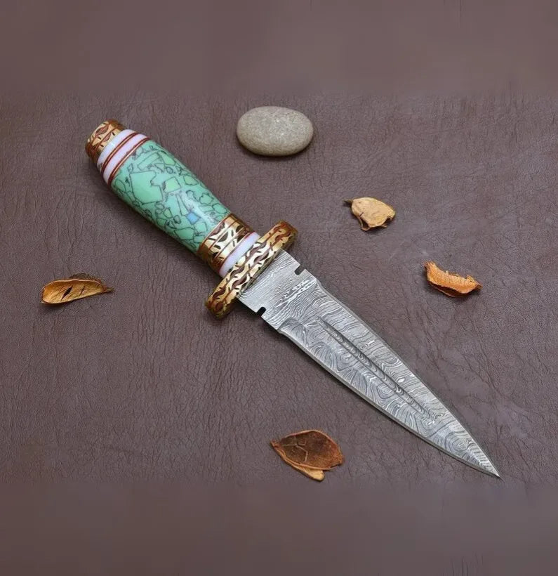 Damascus Steel Blue Resin Dagger Knife