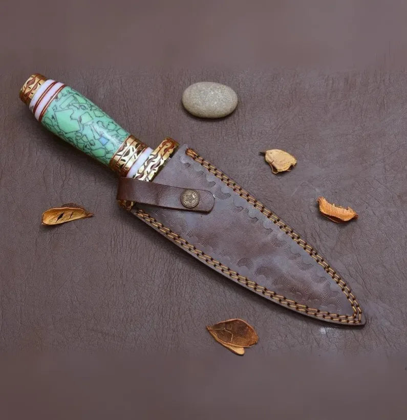 Damascus Steel Blue Resin Dagger Knife
