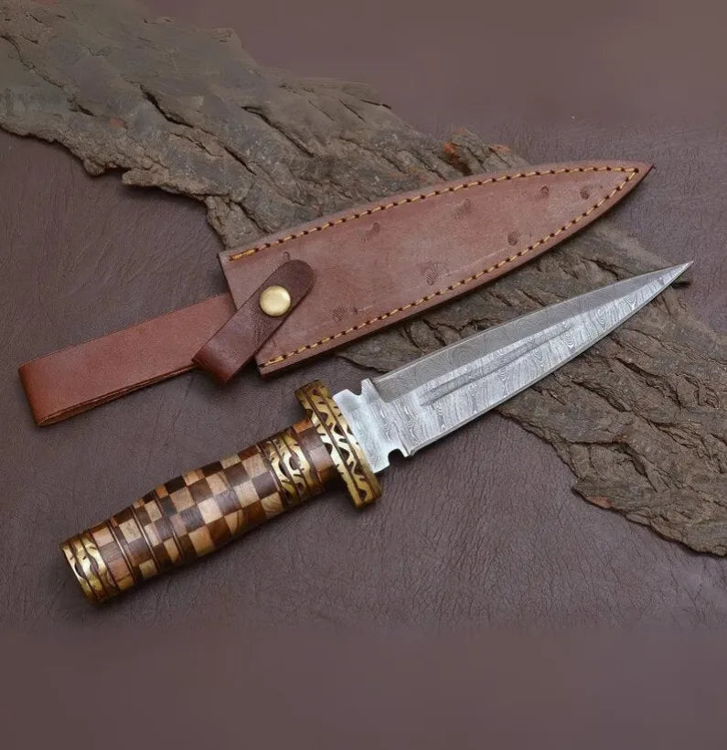 Damascus Steel Dagger Knife with Colored Rosewood