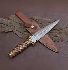 Damascus Steel Dagger Knife with Colored Rosewood