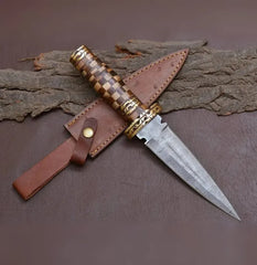 Damascus Steel Dagger Knife with Colored Rosewood
