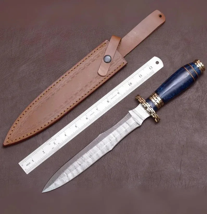 Damascus Steel Hunting Knife -Blue Resin Handle
