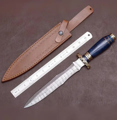 Damascus Steel Hunting Knife -Blue Resin Handle