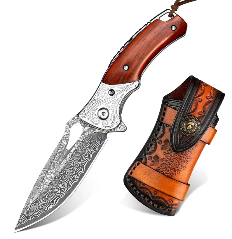 Ebony Talon VG10 Damascus Folding Knife – 6.5″ EDC Pocket Blade with Clip & Leather Sheath