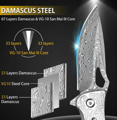 Ebony Talon VG10 Damascus Folding Knife – 6.5″ EDC Pocket Blade with Clip & Leather Sheath