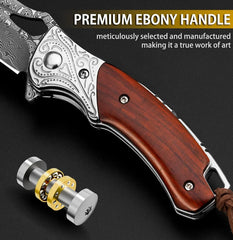 Ebony Talon VG10 Damascus Folding Knife – 6.5″ EDC Pocket Blade with Clip & Leather Sheath