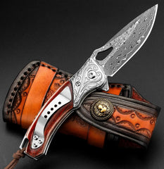Ebony Talon VG10 Damascus Folding Knife – 6.5″ EDC Pocket Blade with Clip & Leather Sheath