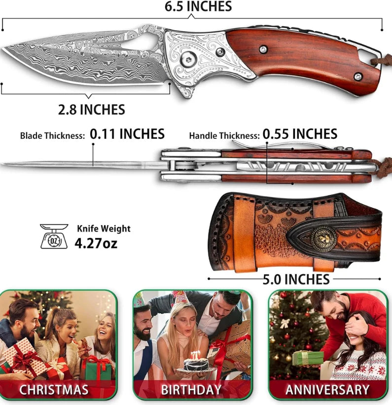 Ebony Talon VG10 Damascus Folding Knife – 6.5″ EDC Pocket Blade with Clip & Leather Sheath