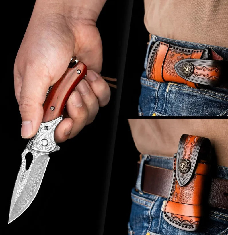 Ebony Talon VG10 Damascus Folding Knife – 6.5″ EDC Pocket Blade with Clip & Leather Sheath