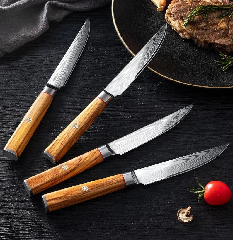 ForgeFeast Olive Damascus Steak Knife Set (4 Pc)