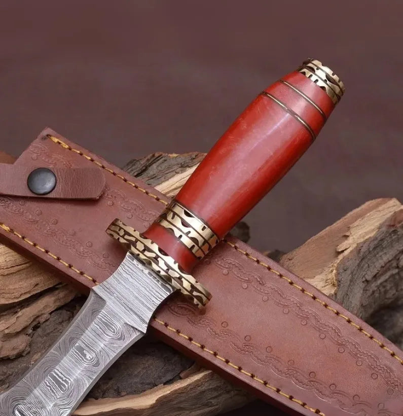 Handcrafted Damascus Steel Athame Dagger with Red Resin Handle