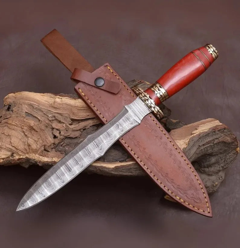 Handcrafted Damascus Steel Athame Dagger with Red Resin Handle