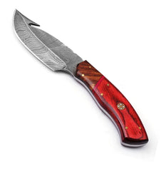 HookEdge Damascus Gut Hook Hunting Knife – Fixed Blade with Leather Sheath