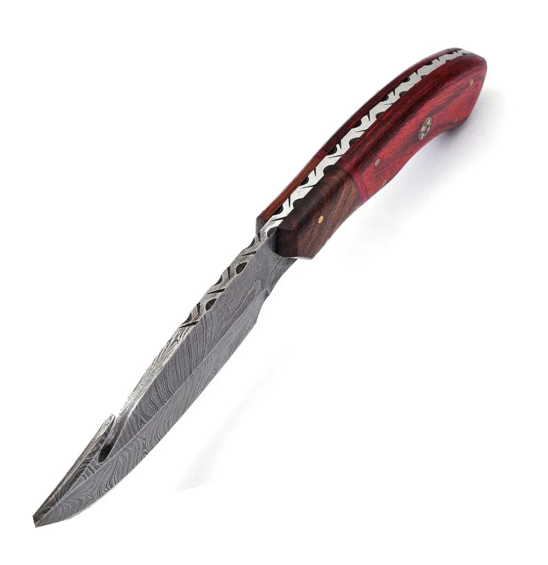HookEdge Damascus Gut Hook Hunting Knife – Fixed Blade with Leather Sheath