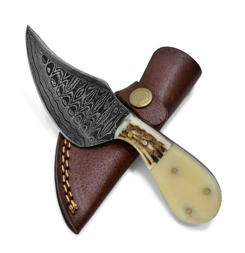 Ironclad Damascus Fixed Blade Skinning Knife with Camel Bone Handle