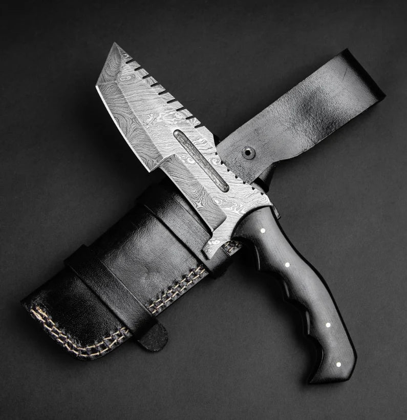 Kimura Handmade Damascus Steel Warrior Tanto Knife - Black Micarta