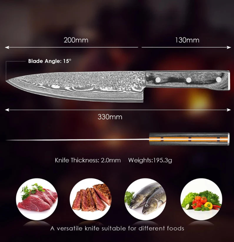 ShadowEdge Damascus Chef Knife – 8 VG10 Core with G10 & Wood Handle