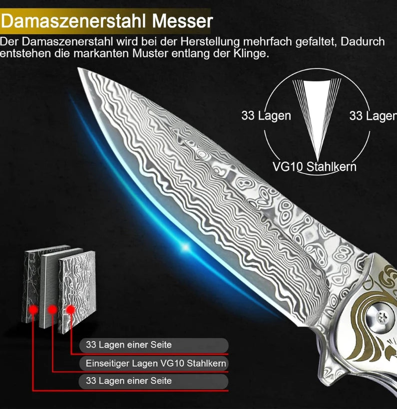 Shadowcrest VG10 Damascus Folding Knife – EDC Pocket Blade with Wooden Handle & Clip