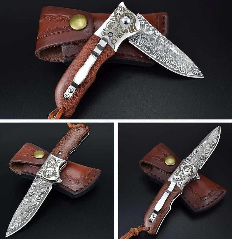 Shadowcrest VG10 Damascus Folding Knife – EDC Pocket Blade with Wooden Handle & Clip