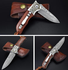 Shadowcrest VG10 Damascus Folding Knife – EDC Pocket Blade with Wooden Handle & Clip