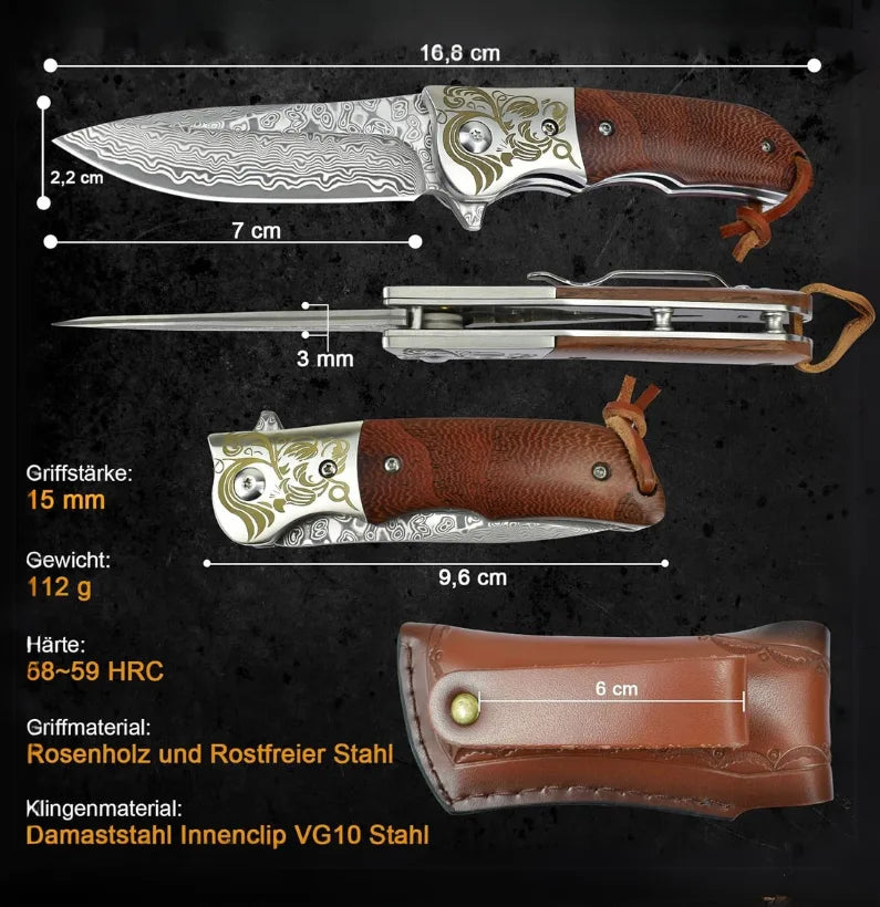 Shadowcrest VG10 Damascus Folding Knife – EDC Pocket Blade with Wooden Handle & Clip